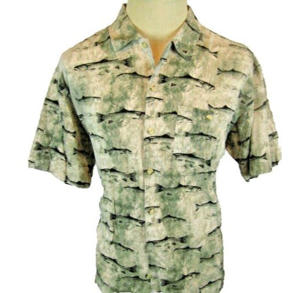 Mens Allegheny Trail Gray Cotton SS Sport Casual Shirt w Trout Graphics sz Med